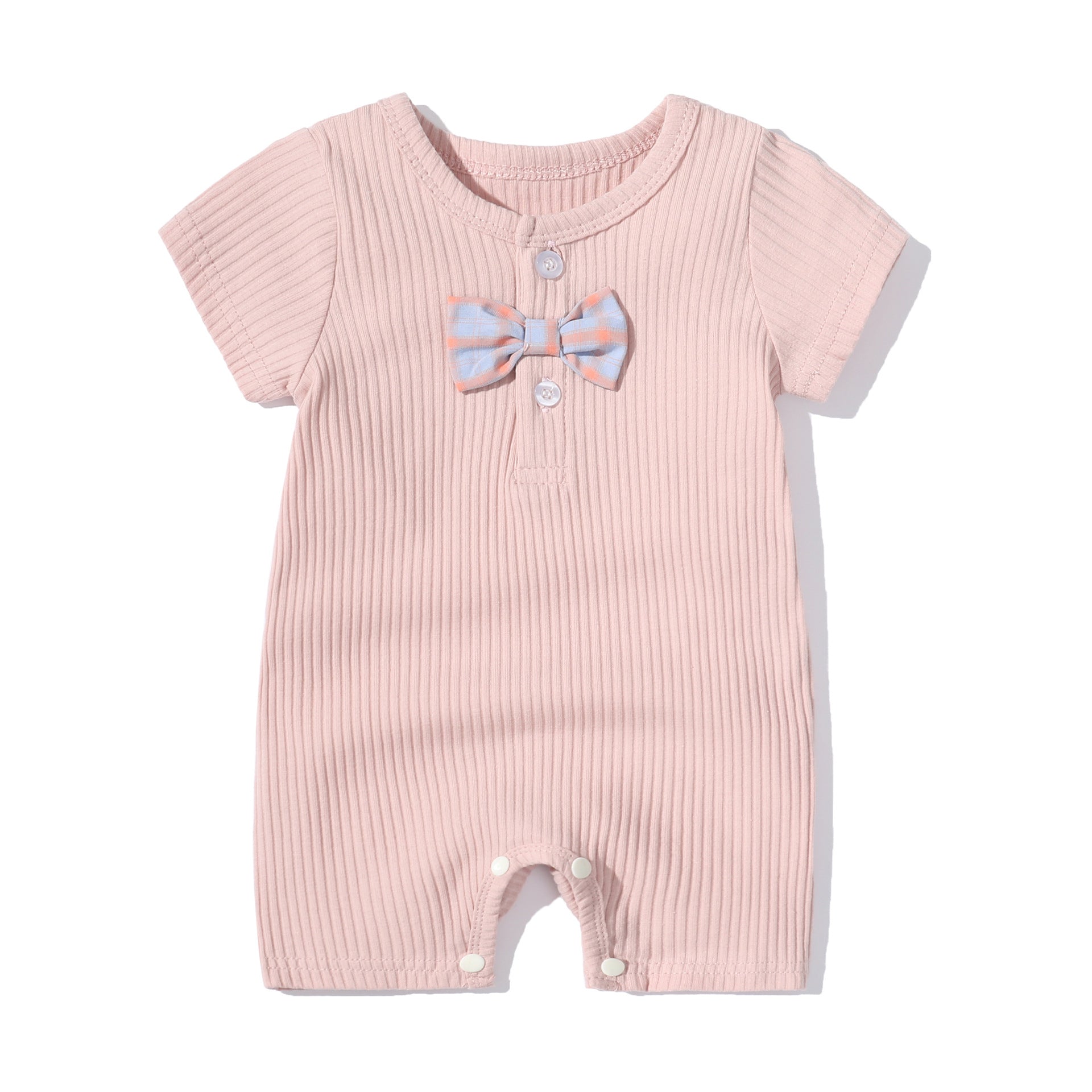 Baby Boy And Girl Solid Color Bow Tie Decoration Short Sleeve Neck-Buttoned Romper-4